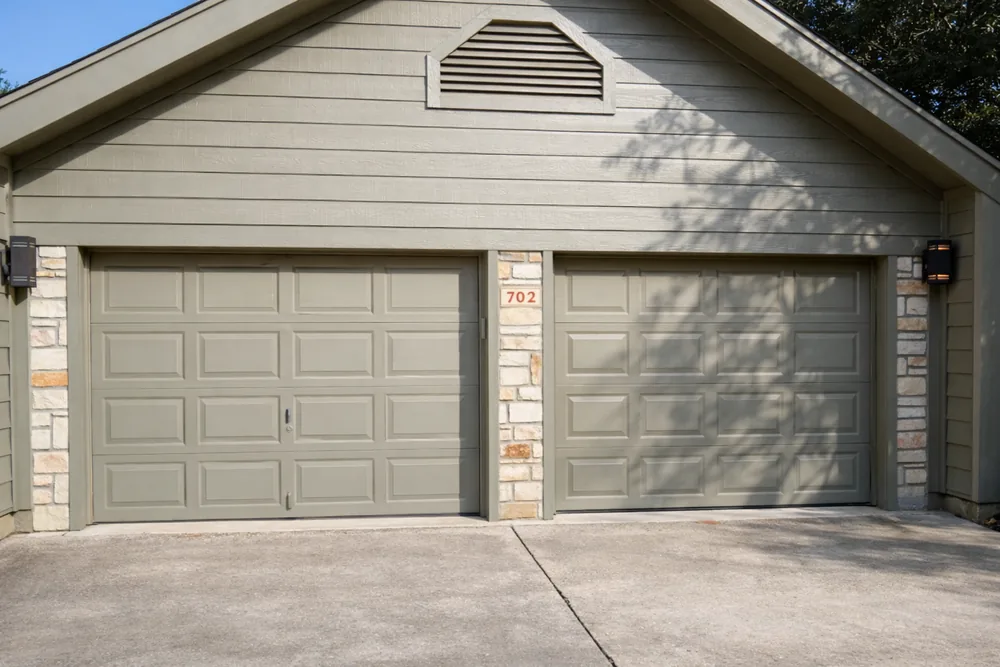 Two single garage doors with a center post before an Edge two-to-one conversion in Austin — the kind of job that needs a building permit
